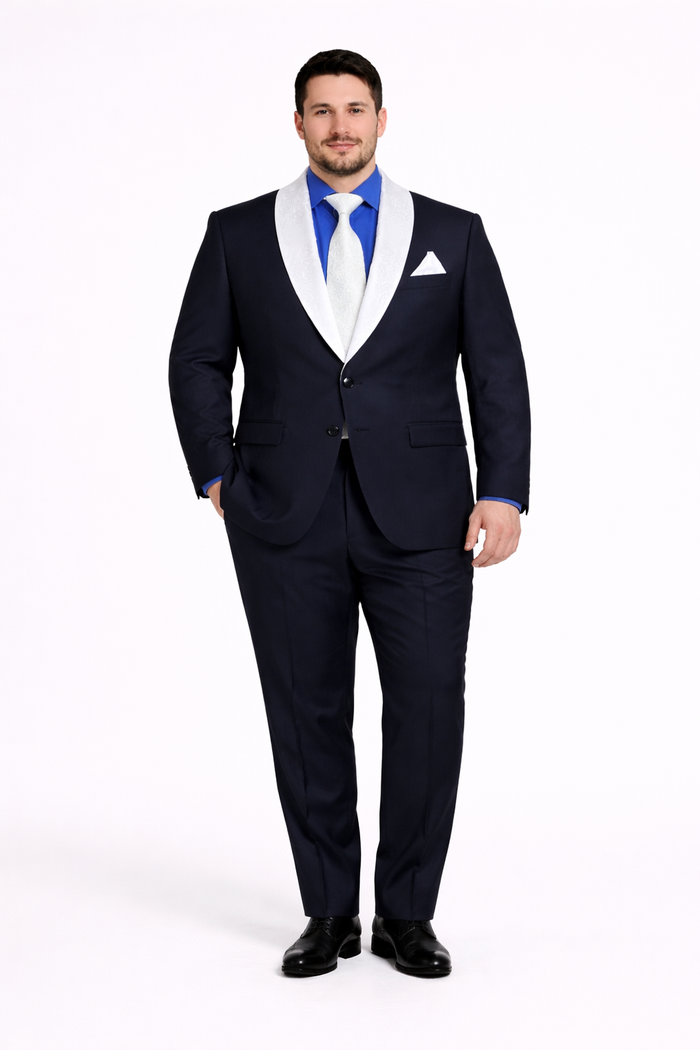 Men’s Black Tuxedo Suit with White & Sky Blue Shawl Lapel – Modern Fit Wedding Wear