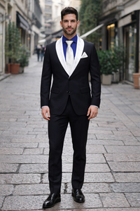 Men’s Black Tuxedo Suit with White & Sky Blue Shawl Lapel – Modern Fit Wedding Wear