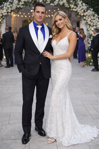 Men’s Black Tuxedo Suit with White & Sky Blue Shawl Lapel – Modern Fit Wedding Wear