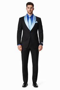 Men’s Black Tuxedo Suit with White & Sky Blue Shawl Lapel – Modern Fit Wedding Wear