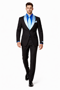 Men’s Black Tuxedo Suit with White & Sky Blue Shawl Lapel – Modern Fit Wedding Wear