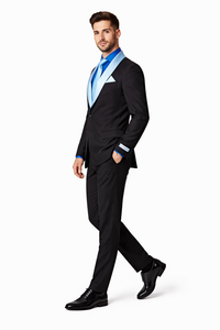 Men’s Black Tuxedo Suit with White & Sky Blue Shawl Lapel – Modern Fit Wedding Wear