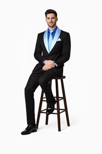Men’s Black Tuxedo Suit with White & Sky Blue Shawl Lapel – Modern Fit Wedding Wear