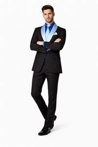 Men’s Black Tuxedo Suit with White & Sky Blue Shawl Lapel – Modern Fit Wedding Wear