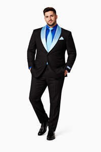 Men’s Black Tuxedo Suit with White & Sky Blue Shawl Lapel – Modern Fit Wedding Wear