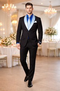 Men’s Black Tuxedo Suit with White & Sky Blue Shawl Lapel – Modern Fit Wedding Wear