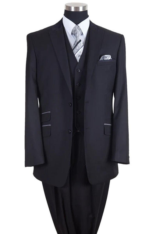 Men's Black Peak Lapel Vested 2 Button Suit by Fortino Landi - USA Men's Outlet