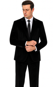 Black Velvet Tuxedo Style Suit for Men – Slim Fit Formal 2-Piece Set by Tazzio