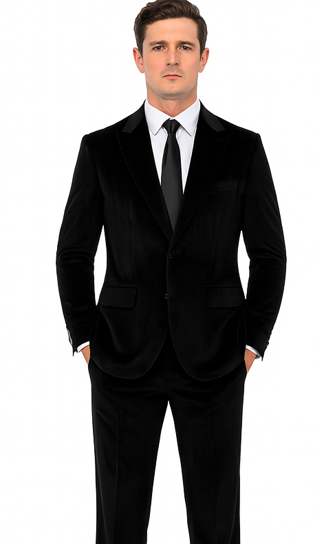 Black Velvet Tuxedo Style Suit for Men – Slim Fit Formal 2-Piece Set by Tazzio