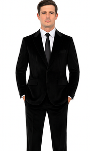 Black Velvet Tuxedo Style Suit for Men – Slim Fit Formal 2-Piece Set by Tazzio