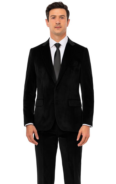 Black Velvet Tuxedo Style Suit for Men – Slim Fit Formal 2-Piece Set by Tazzio