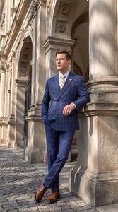 Mens Blue Plaid Double-Breasted Suit – Side-Vented Wedding, Business and Formal Suit
