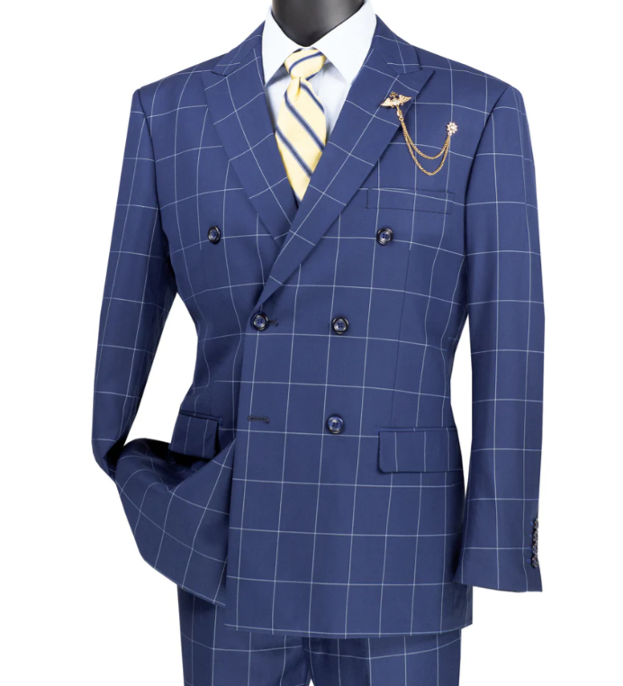 Mens Blue Plaid Double-Breasted Suit – Side-Vented Wedding, Business and Formal Suit