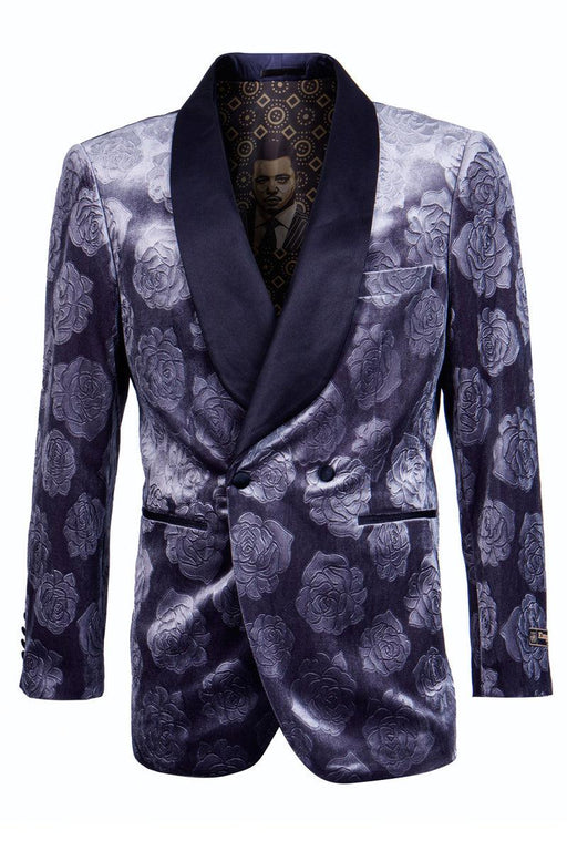 "Men's Blue Velvet Smoking Jacket: Luxe Floral Rose Print" - USA Men's Outlet