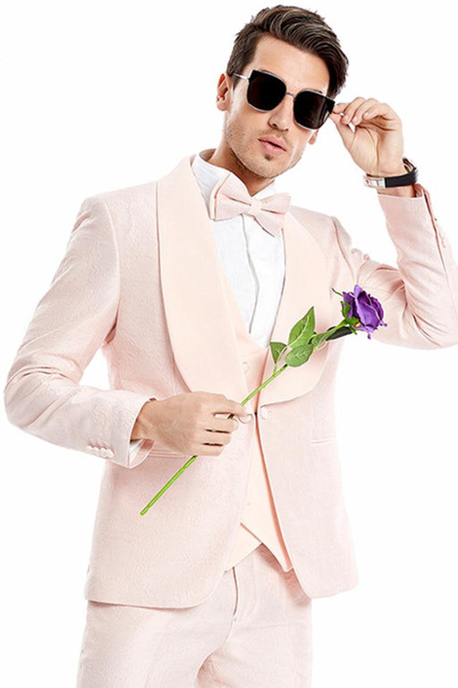 Men's Blush Pink Tuxedo with Wide Shawl Lapel & One Button Vest by Tazio - USA Men's Outlet