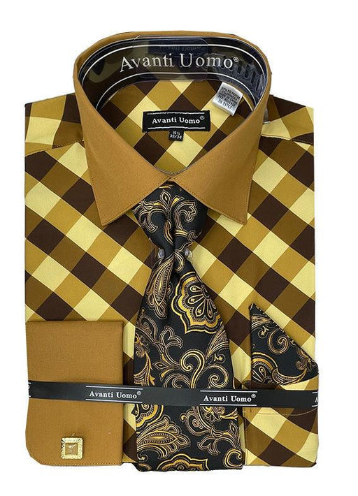 Men's Brown Check French Cuff Dress Shirt Set: Daniel Ellissa - USA Men's Outlet