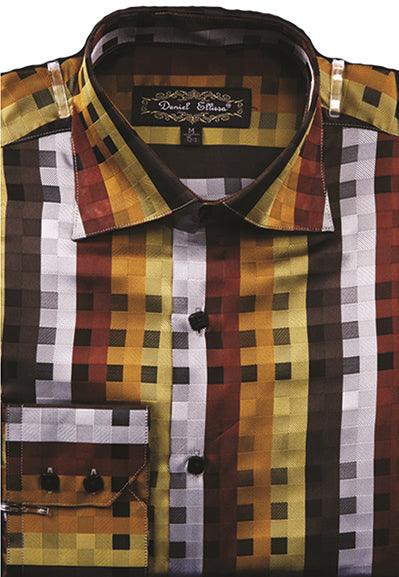 Men's Brown Sports Shirt by Daniel Ellissa: Fancy Tonal Square Pattern, Regular Fit. - USA Men's Outlet