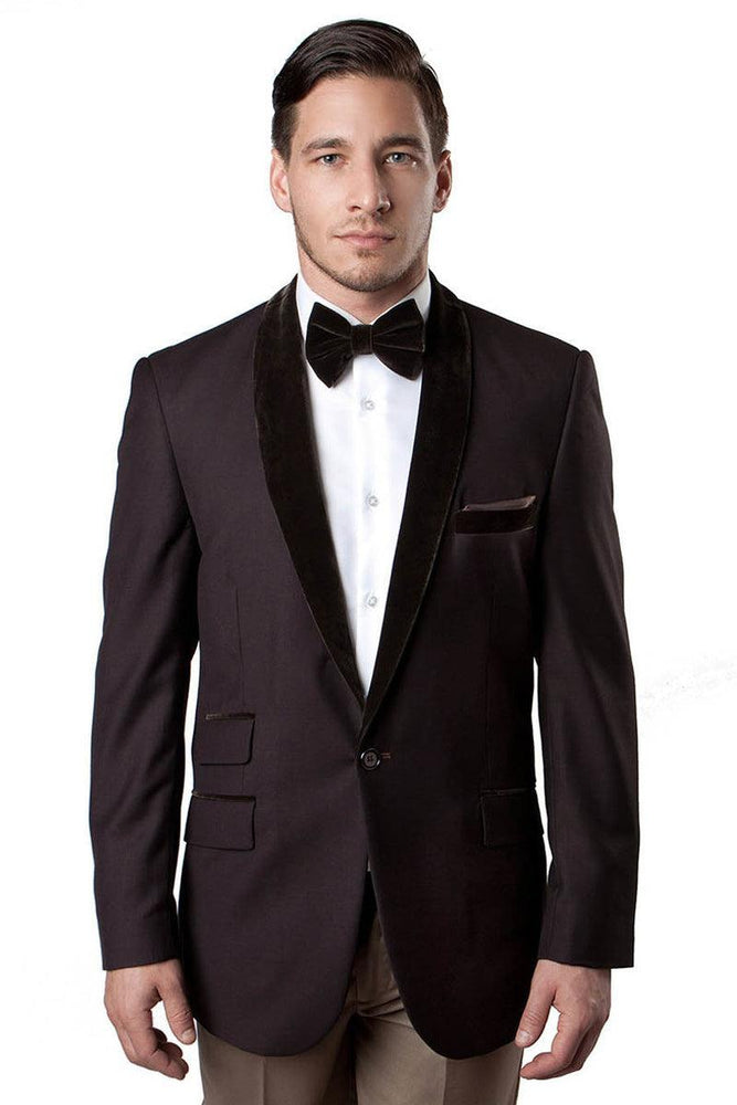 Men's Brown Tazio Velvet Shawl Tux Jacket with Single Button. - USA Men's Outlet