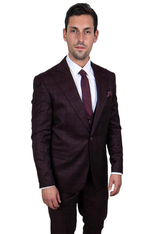 Men's Burgundy Glen Plaid Vested Suit w/ Peak Lapel & 1-Button Closure - Stacy Adams - USA Men's Outlet