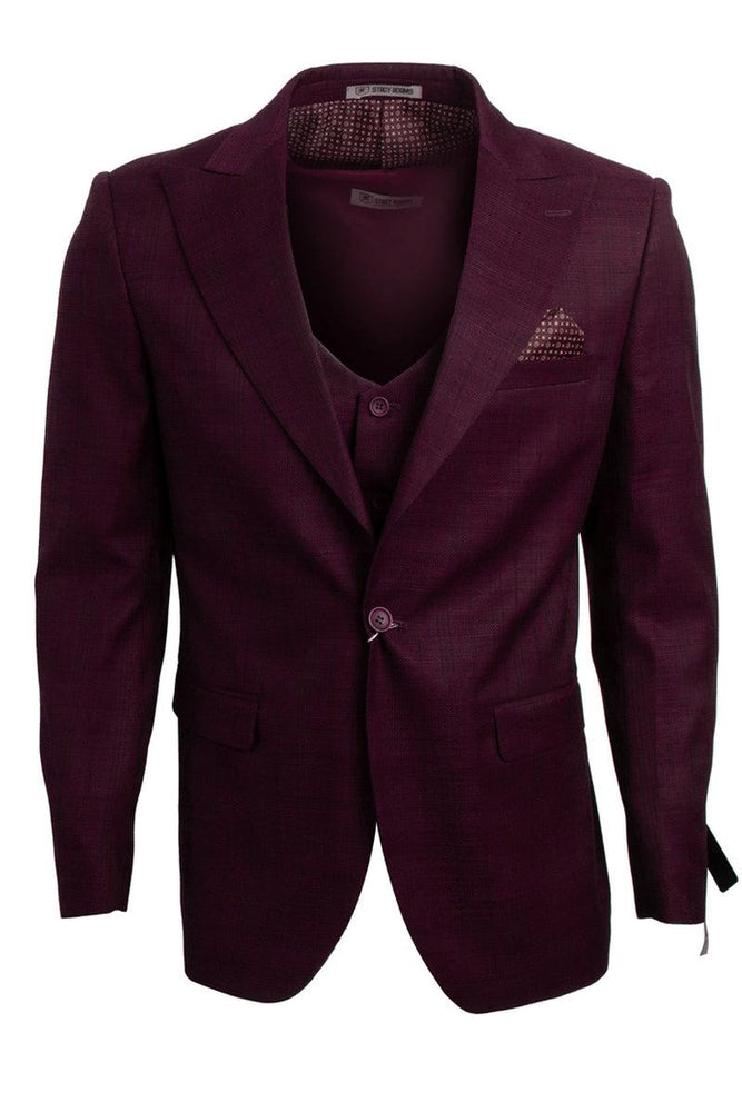 Men's Burgundy Glen Plaid Vested Suit w/ Peak Lapel & 1-Button Closure - Stacy Adams - USA Men's Outlet