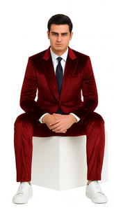 Burgundy Velvet Suit for Men – 2-Piece Slim Fit Peak Lapel Formal Set by Tazzio