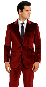 Burgundy Velvet Suit for Men – 2-Piece Slim Fit Peak Lapel Formal Set by Tazzio