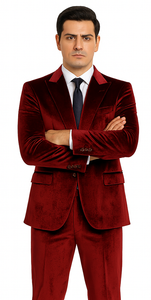 Burgundy Velvet Suit for Men – 2-Piece Slim Fit Peak Lapel Formal Set by Tazzio
