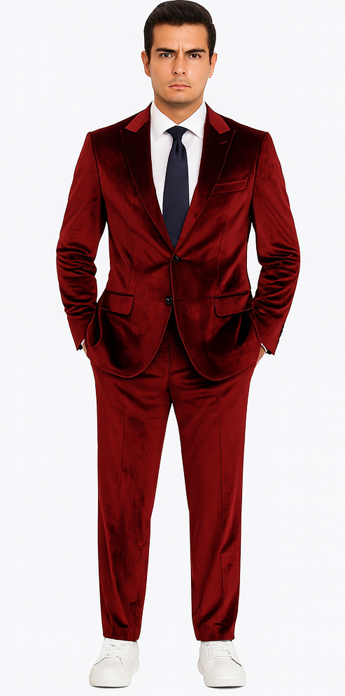 Burgundy Velvet Suit for Men – 2-Piece Slim Fit Peak Lapel Formal Set by Tazzio