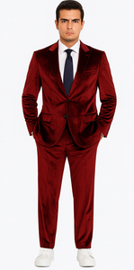 Burgundy Velvet Suit for Men – 2-Piece Slim Fit Peak Lapel Formal Set by Tazzio