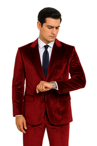 Burgundy Velvet Suit for Men – 2-Piece Slim Fit Peak Lapel Formal Set by Tazzio
