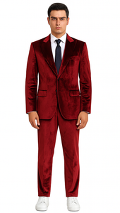 Burgundy Velvet Suit for Men – 2-Piece Slim Fit Peak Lapel Formal Set by Tazzio