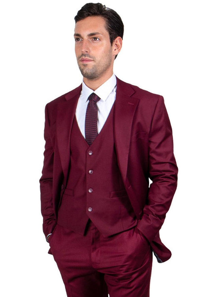 Men's Burgundy Vested Stacy Adams Suit - 2 Button Basic - USA Men's Outlet