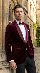 Men’s Burgundy with Burgundy Lapel Velvet Dinner Jacket – Shawl Lapel Tuxedo Blazer for Weddings & Formal Events