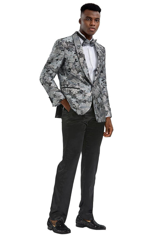 Men's Charcoal & Silver Grey Slim Fit Paisley Tuxedo Jacket by Tazio - USA Men's Outlet