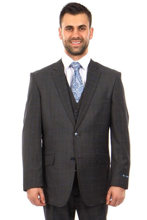 Men's Charcoal Grey & Blue Windowpane Plaid Wool Modern Fit Vested Suit by Zegarie - USA Men's Outlet