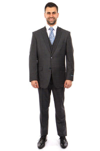 Men's Charcoal Grey & Blue Windowpane Plaid Wool Modern Fit Vested Suit by Zegarie - USA Men's Outlet