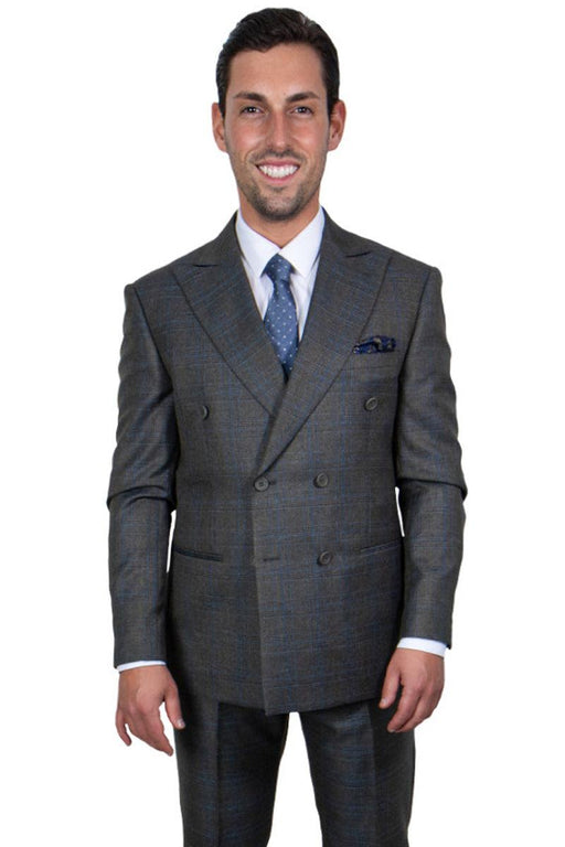 Men's Charcoal Grey Stacy Adams Windowpane Double Breasted Suit - USA Men's Outlet