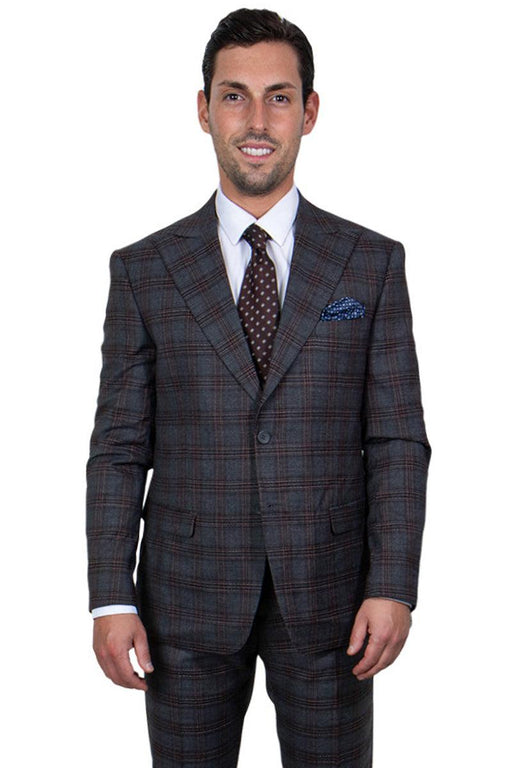 "Men's Charcoal Grey Windowpane Plaid Stacy Adams 2-Button Vest Suit" - USA Men's Outlet