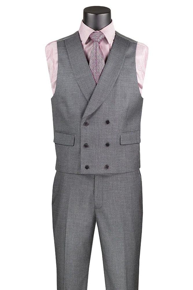 Men's Charcoal Sharkskin Double Breasted Suit with Vest by Vinci - USA Men's Outlet