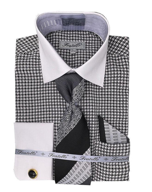 Men's Classic Black Houndstooth Shirt & Tie Set by Daniel Ellissa - USA Men's Outlet