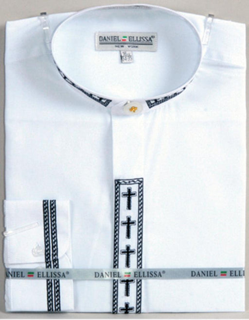 Men's Cross Embroidered Band-Collar Dress Shirt - Daniel Ellissa White & Black - USA Men's Outlet