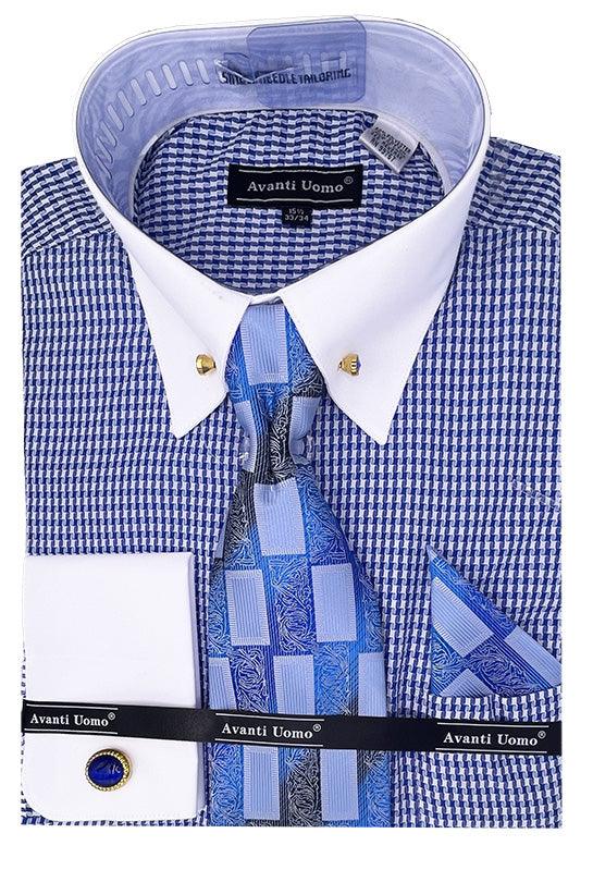 Men's Daniel Ellissa Blue Houndstooth Contrast Collar French Cuff Shirt Set - USA Men's Outlet