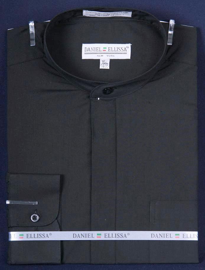 "Men's Daniel Ellissa Classic Black French Front Dress Shirt with Banded Collar" - USA Men's Outlet