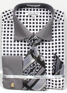 Men's Daniel Ellissa Contrast Collar French Cuff Shirt & Tie Set in Lattice Pattern, Black & White - USA Men's Outlet