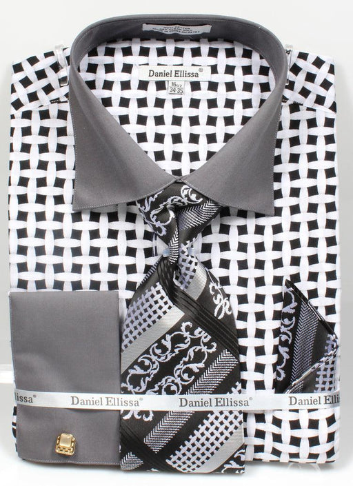 Men's Daniel Ellissa Contrast Collar French Cuff Shirt & Tie Set in Lattice Pattern, Black & White - USA Men's Outlet