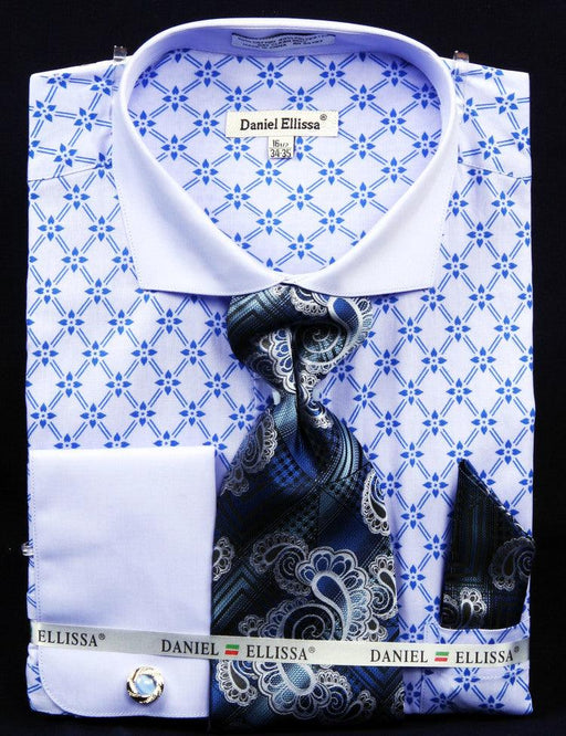 Men's Daniel Ellissa Corl Shirt & Tie Set, Floral Print & Light Blue Spread Collar French Cuff - USA Men's Outlet