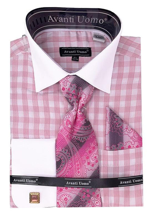 Men's Daniel Ellissa French Cuff Plaid Dress Shirt Set w/ Contrast Collar in Pink - USA Men's Outlet