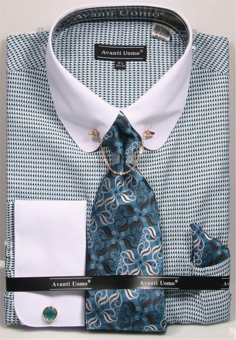 Men's Daniel Ellissa Turquoise Houndstooth Contrast Collar & French Cuff Dress Shirt - USA Men's Outlet