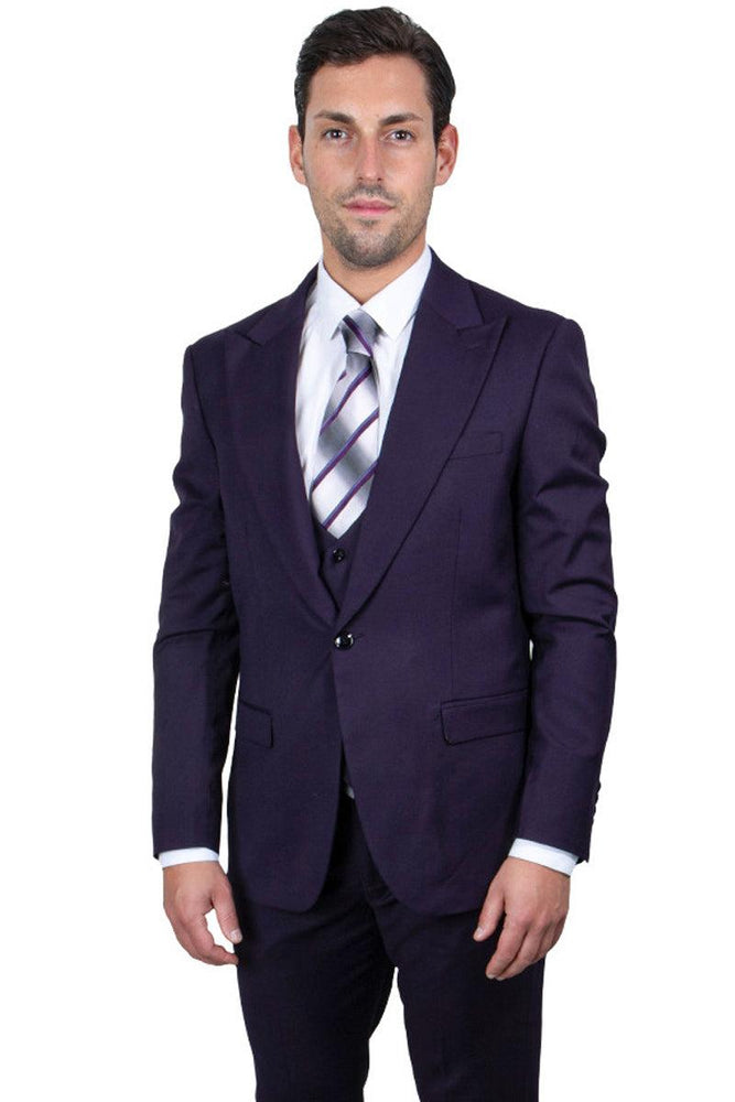 Men's Eggplant Vested Suit | Stacy Adams Peak Lapel 1-Btn - USA Men's Outlet