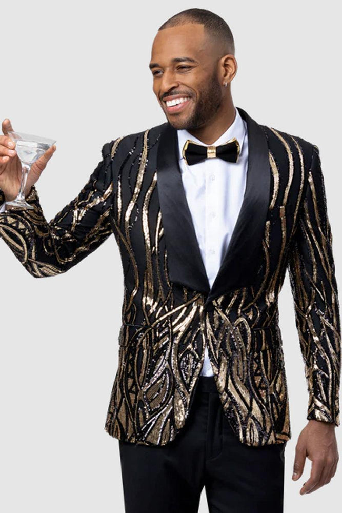 Men's EJ Samuel Shawl Lapel Black & Gold Sequin Formal Tuxedo Jacket - USA Men's Outlet